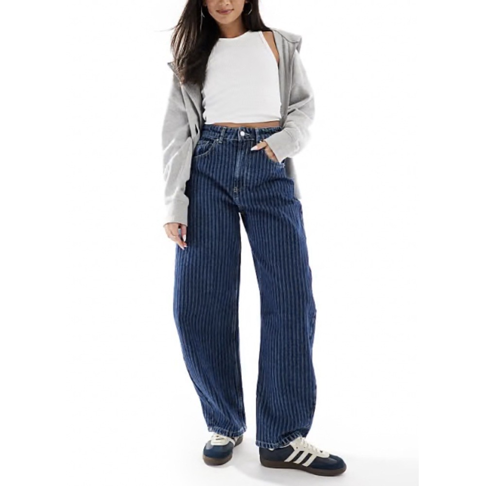 ASOS Barrel Leg Jeans Women 4 Blue Stripe High Rise Baggy Wide Denim Horseshoe